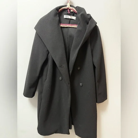 Zara Black Double-Breasted Coat With Hood Size S - Picture 5 of 5
